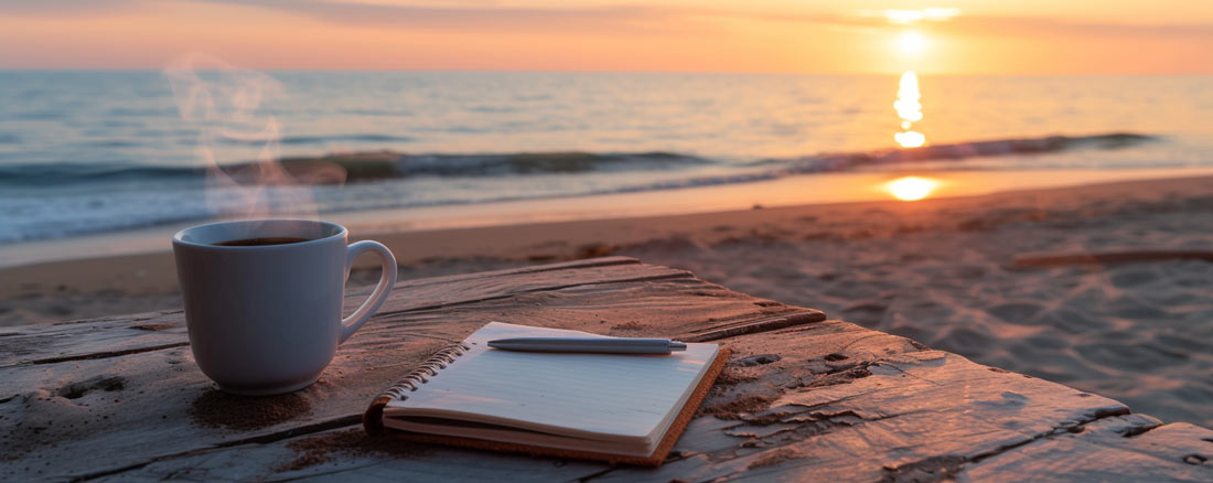 Morning coffee and notebook at the beach